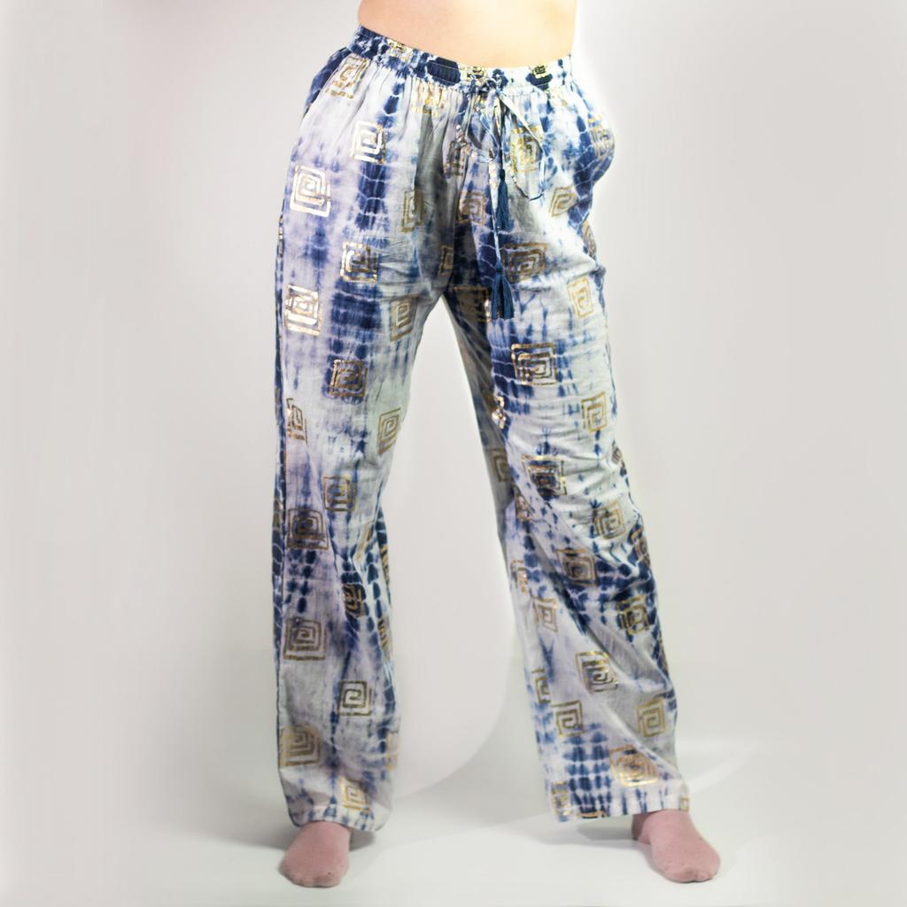 Lounge Pants Handpainted Gold Blue Greek Motif