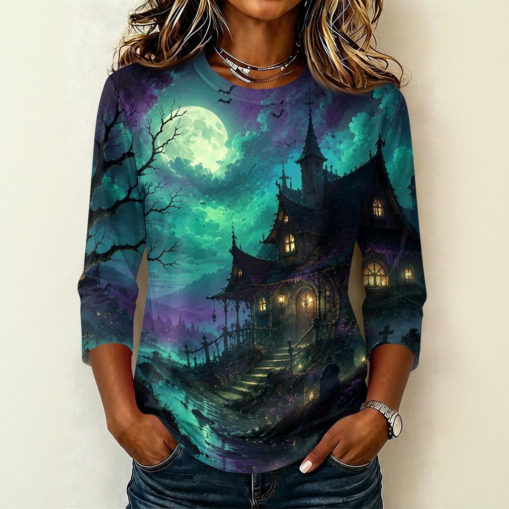 Women's Casual Crew Neck Three Quarter Sleeve Halloween Print T Shirt Top Lightweight Comfortable Fit Suitable for Daily Wear