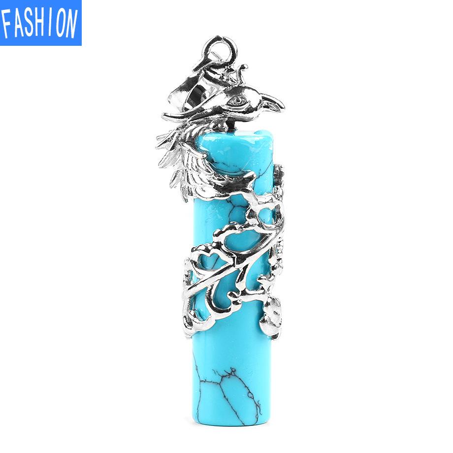 Creative Mascot Wrapped Natural Stone Cylindrical Pendant And Pink Crystal Necklace