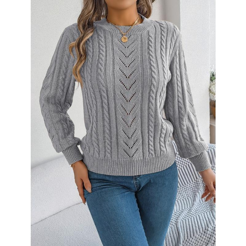 Women Autumn Winter Casual Solid Color Hollow Out Lantern Sleeve Pullover Sweater