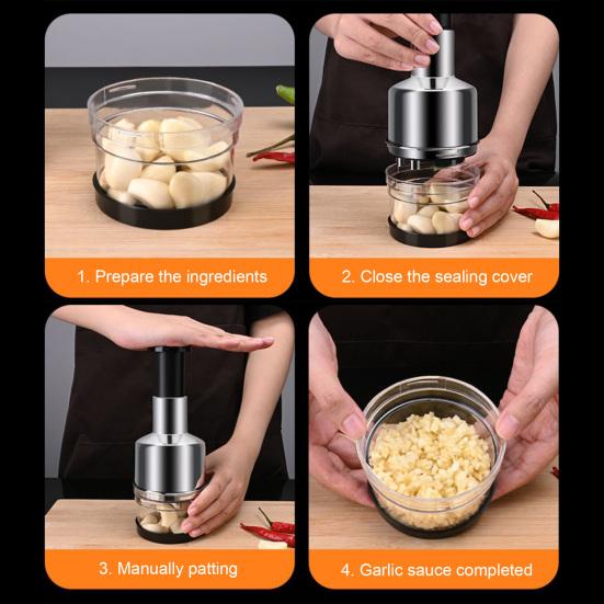 Stainless Steel Manual Garlic Press with Clear Container Multi-Function Vegetable Chopper Mincer for Ginger Onion Easy-Clean Dishwasher Safe Portable