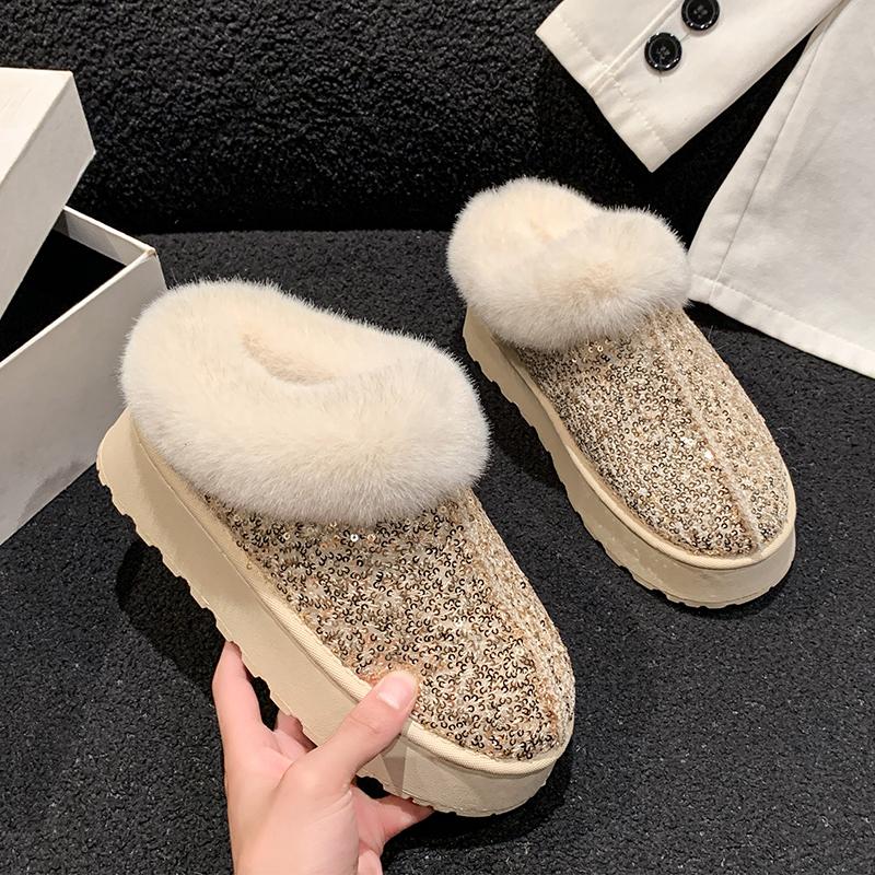 Aphixta Sequine Upper Warm Snow Boots Furry Plush Lining Ankle Boots Women Winter Ankle Boot Zip Shoe Botas Mujer Botines Size43