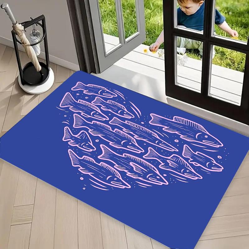 Abstract Geometric Fish Print Doormat, Mid-Century Modern Ocean Floor Mat for Entryway Bathroom Nautical Home Decor Carpet