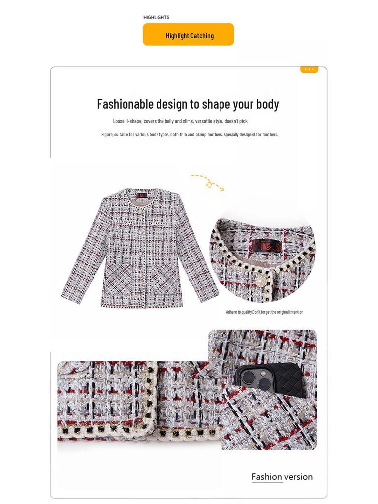 Mom's Chic Plaid Short Coat for Spring & Autumn - Fashionable Style for Middle-Aged & Elderly Women