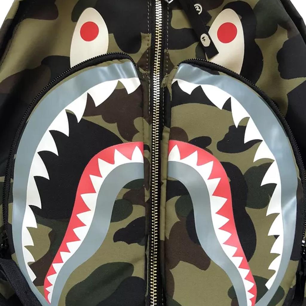 A Bathing Ape Bape Camouflage Shark Print Zipper Color Block Multi-Pocket Nylon Backpack Unisex Backpack Camouflage-Yellow 182038D