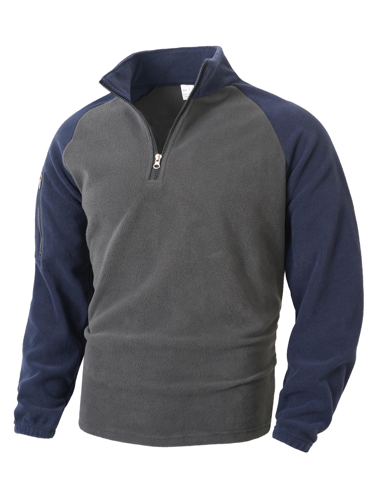 

Men s Polar Fleece Color Block Zipper Hoodie - Stand Collar, Long Sleeve, Autumn/Winter Warm Pullover 2XL темно-синього кольору