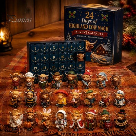 Kolekcja Ozdób w Stylu Retro Kalendarz Adwentowy 24 Dni Magii Krowy Szkockiej, Unikalne Mini Ozdoby Zagrodowe Świąteczne Figurki, Dekoracja, Boże Narodzenie