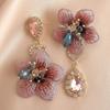 Vintage Asymmetric Fabric Flower Earrings Crystal Inlaid Elegant Ear Jewelry Women