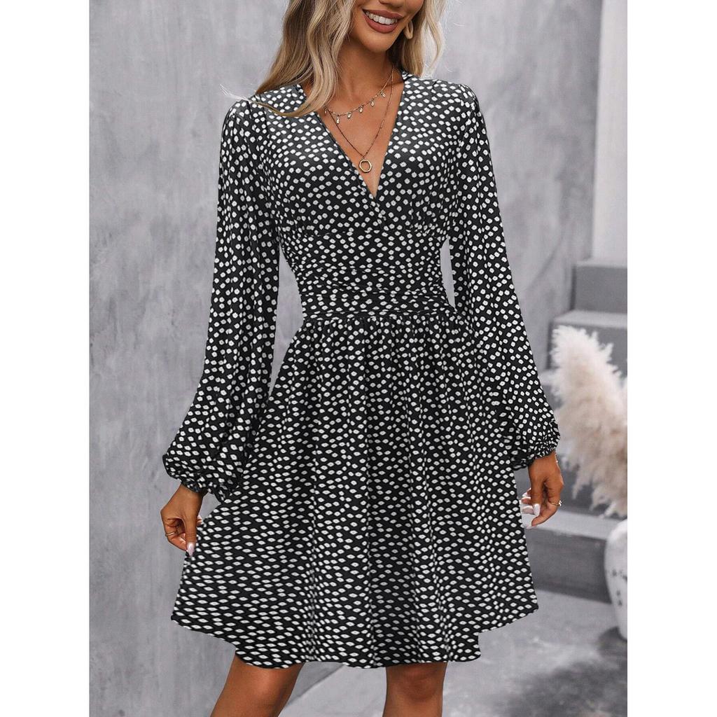 Abiti Abbigliamento Donna Scollo a V Manica a Lanterna Wrap Mini Abito Vita Arricciata Orlo Svasato Elegante per Stili Autunnali e da Festa