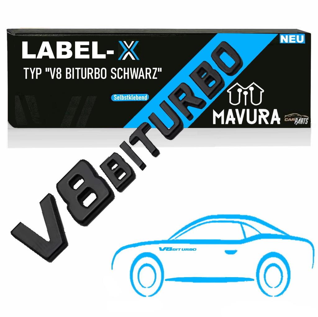 LABEL-X V8 Biturbo Skrift 3D Emblem Svart G63 S63 SL63 CL63 C63 CLS63 AMG
