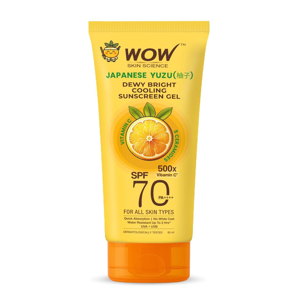WOW Skin Science Japanese Yuzu + Vitamin C with 5 Ceramides Dewy Bright Sunscreen Gel | SPF 70 PA++++ 500x Vitamin C | Quick Absorption | No White