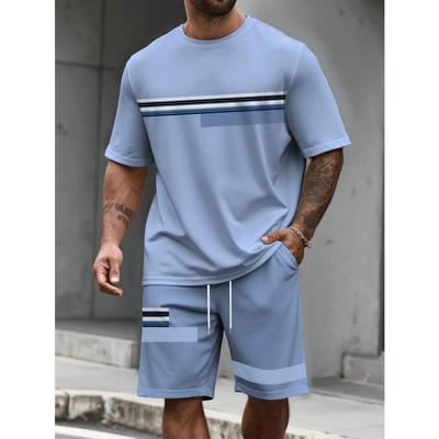 Casual Stripe Printed T-shirt Shorts Comfortable Soft Breathable Summer Sports Large Size Loose Men's Short Sleeve Sport Wear
