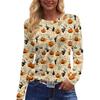 Women's Halloween Print Long Sleeve Top with Round Neck and Hem Slit