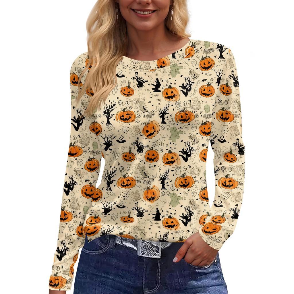 Women's Halloween Print Long Sleeve Top with Round Neck and Hem Slit
