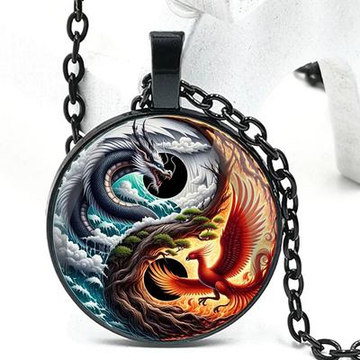 Retro Jaņ Fēnikss un Iņ Pūķis Stikla Kupols Roku darba Ķēdītes Kulons Kaklarota Vīriešiem un Sievietēm Rotaslietu Aksesuāri Dzimšanas dienas Dāvana
