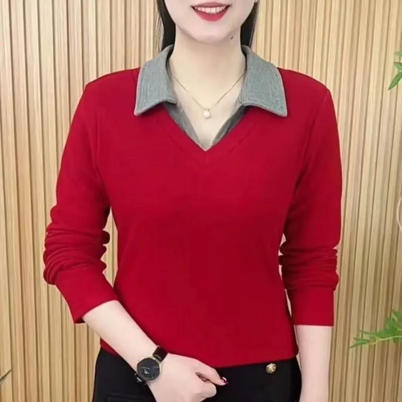 

Lapel Versatile Fashion Casual Top for Women 2025 Spring Fashionable Long-sleeved T-shirt Fake Two-piece L червоний