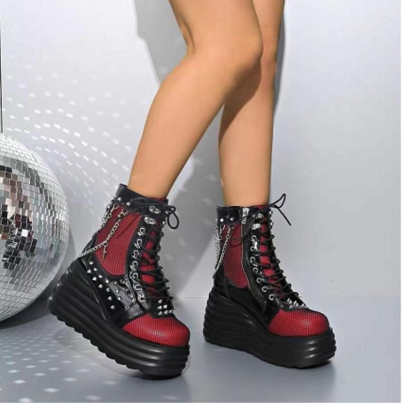 Autumn Winter Women'S Plus Size High Top Boots Platform Sole Round Toe Lace Up Side Zipper Chunky Heel Fashion Short Boots