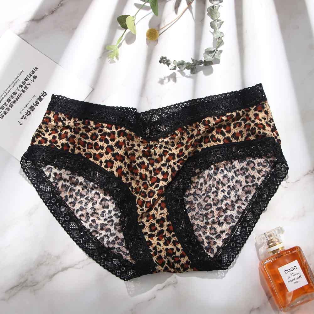 Women Leopard Bownot Transparent Briefs Underwear Lace Thongs Leopard Panties