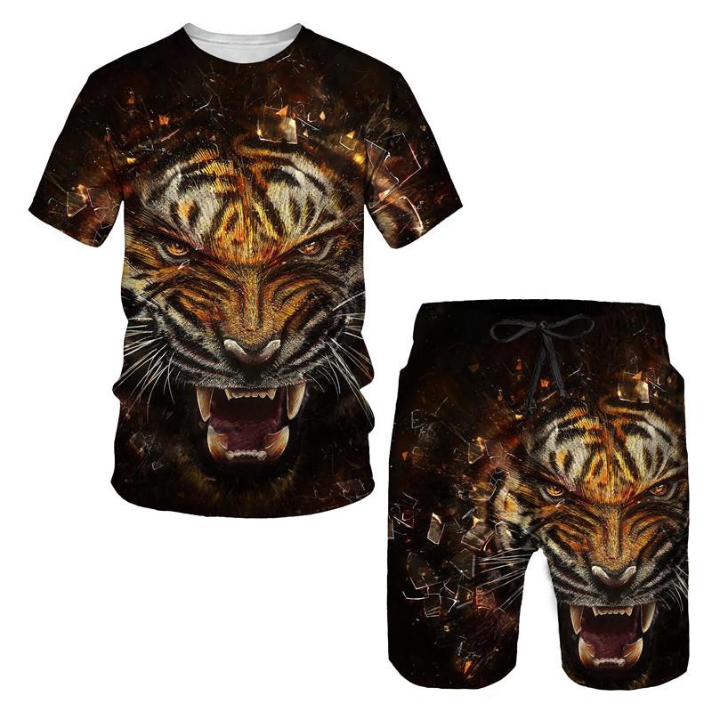 Tricou bărbați Seturi 2 piese Îmbrăcăminte sport de vară Ținute Vintage Litere Animale Pantaloni scurți 3D Trening Men Streetwear Tiger Wolf Model Tricou Set