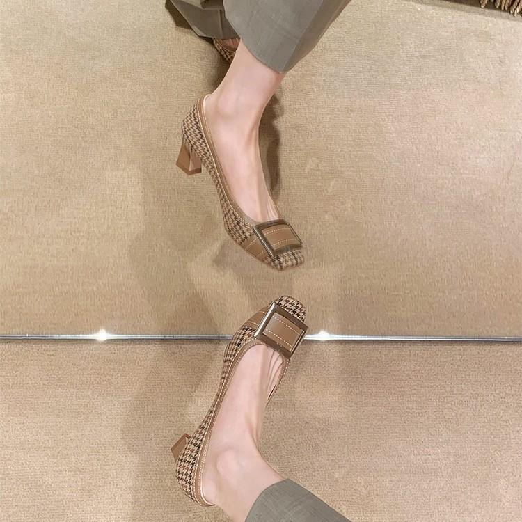 Sheepskin Version~ Height Increase 5.5cm Classic Small Square Head Bright Line Design Horn and Shallow Mouth Commuter Work Single Shoes Women