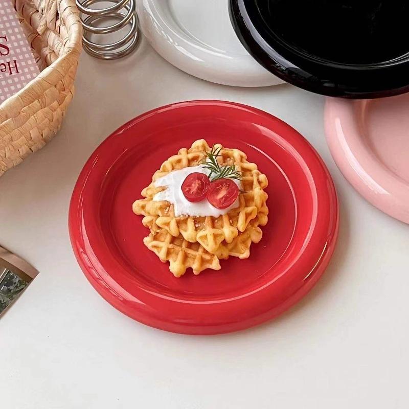 Round Ceramic Plate Solid Color Wind Thick Edge Western Plate Creative Nordic Style Tableware Dessert Plate Steak Pasta Plates
