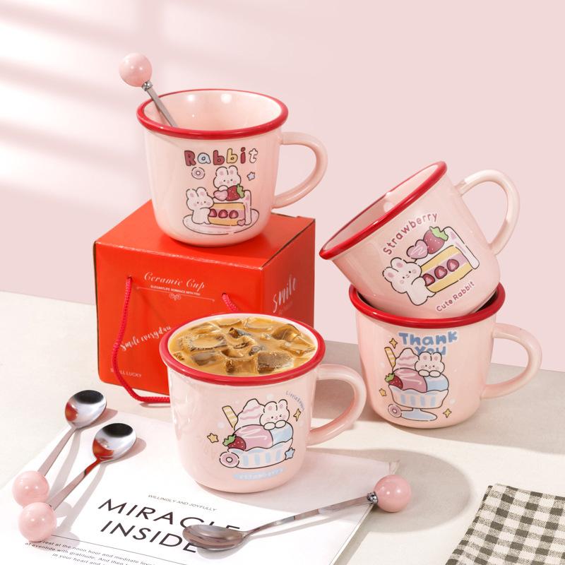 Hochwertig aussehende rosa Kaninchen Keramiktasse Becher Haushaltswasserbecher Paarbecher Mädchen Frühstückstasse Laden Souvenir