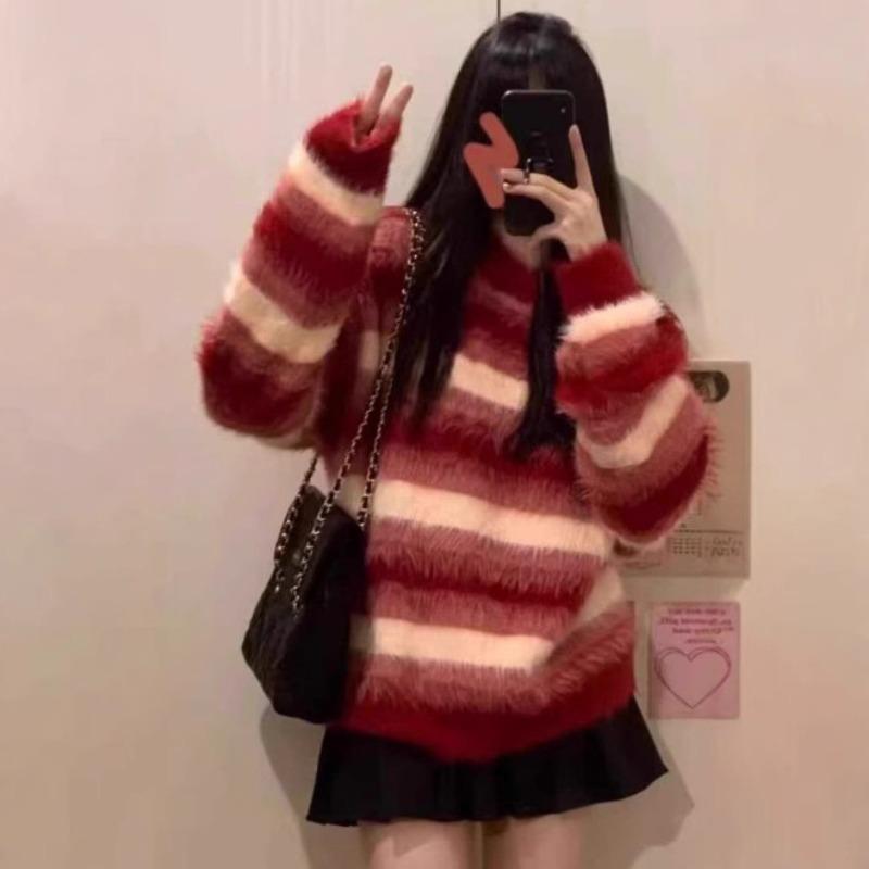 Autumn and winter sweet wind imitation mink fleece soft waxy sweater women's new lazy wind striped knitted pullover women's