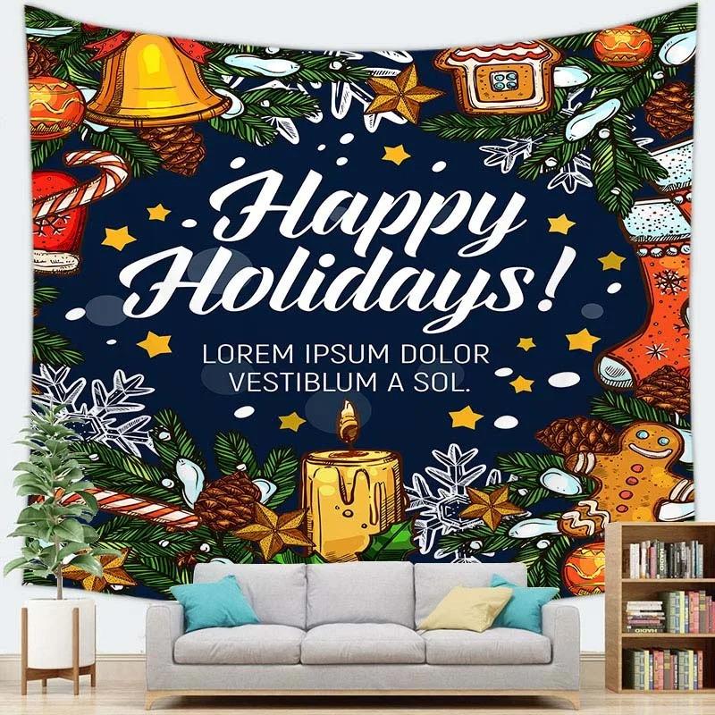 Cartoon Santa Claus Pattern Tapestry Home Bedroom Living Room Wall Decoration Christmas Theme Tapestry