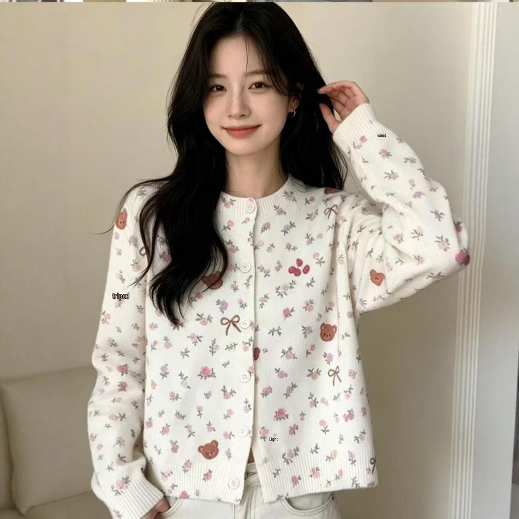 Women's Cherry Bear Print Knit Cardigan - Autumn/Winter Round Neck Long Sleeve Sweater