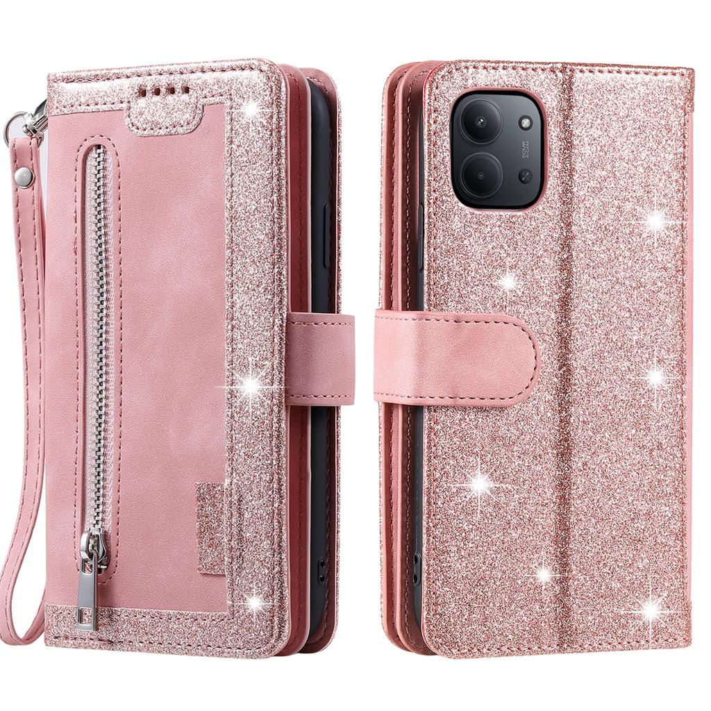 Dla Xiaomi Redmi 15C 5G (UE) (173mm)/15C 4G (UE) (173mm) Etui 9 przegródek Portfel na zamek błyskawiczny Pokrowiec na telefon ze skóry PU z paskiem na nadgarstek