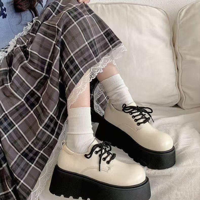 Muffin platform small leather shoes women's 2025 autumn and winter new white British style round head lace-up versatile Japanese single shoes