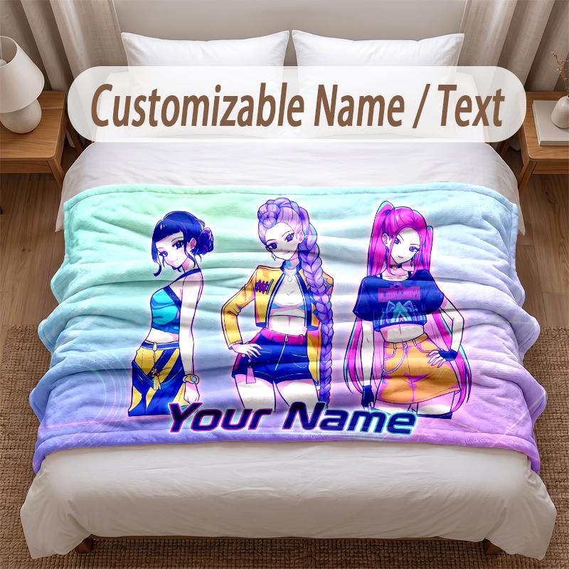 Kpop Demon Hunters Printed Flannel Blanket Custom Name Text Soft Warm Throw For Bedroom Holiday Gift