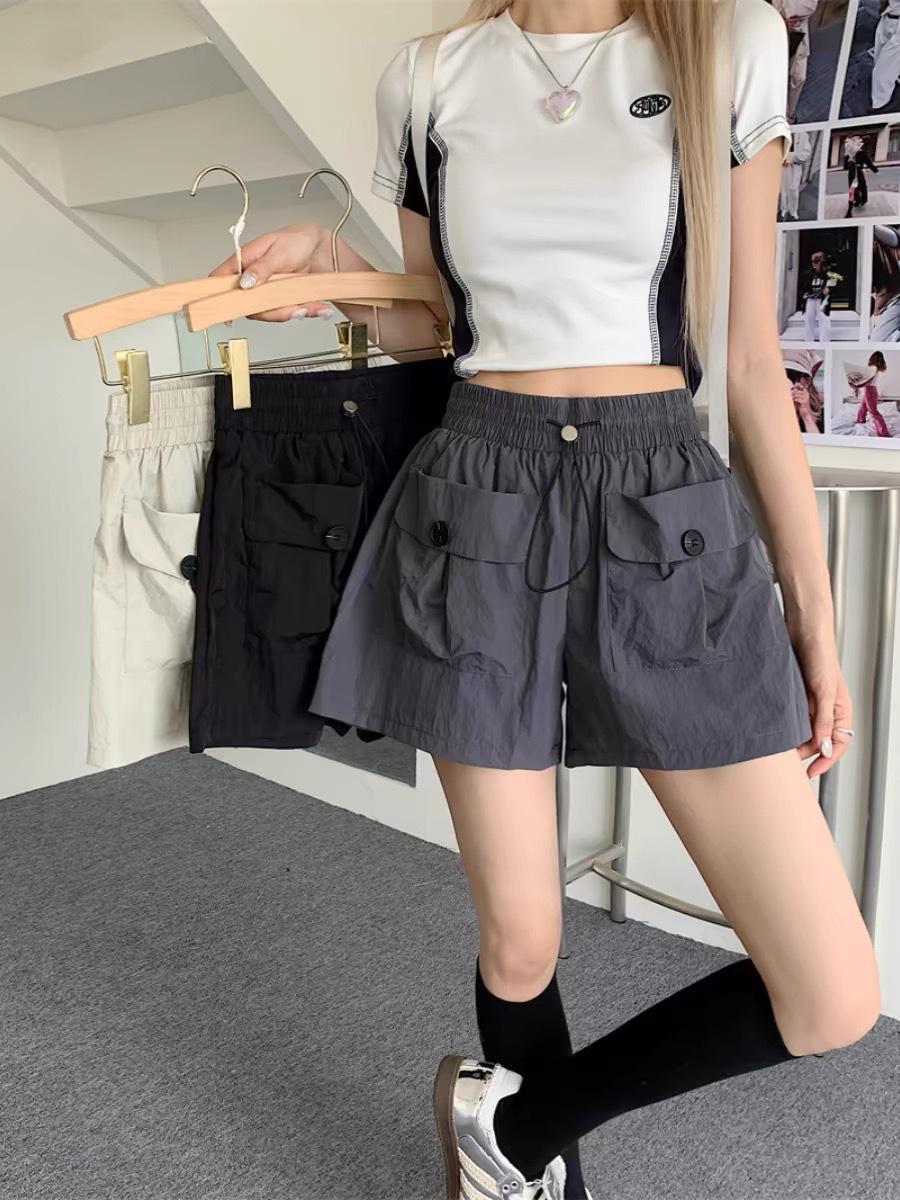 

Женские быстросохнущие шорты Spicy Girl с высокой посадкой и широкими штанинами, большими карманами и кулиской S темно-серого