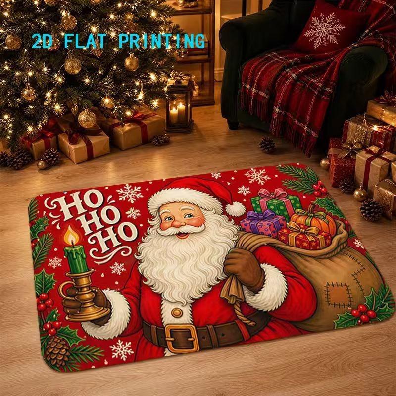 Christmas Santa Claus Doormat 2D Flat Printed Crystal Velvet Non‑slip Floor Rug for Entrance Bedroom Living Room Xmas Holiday Home Decor