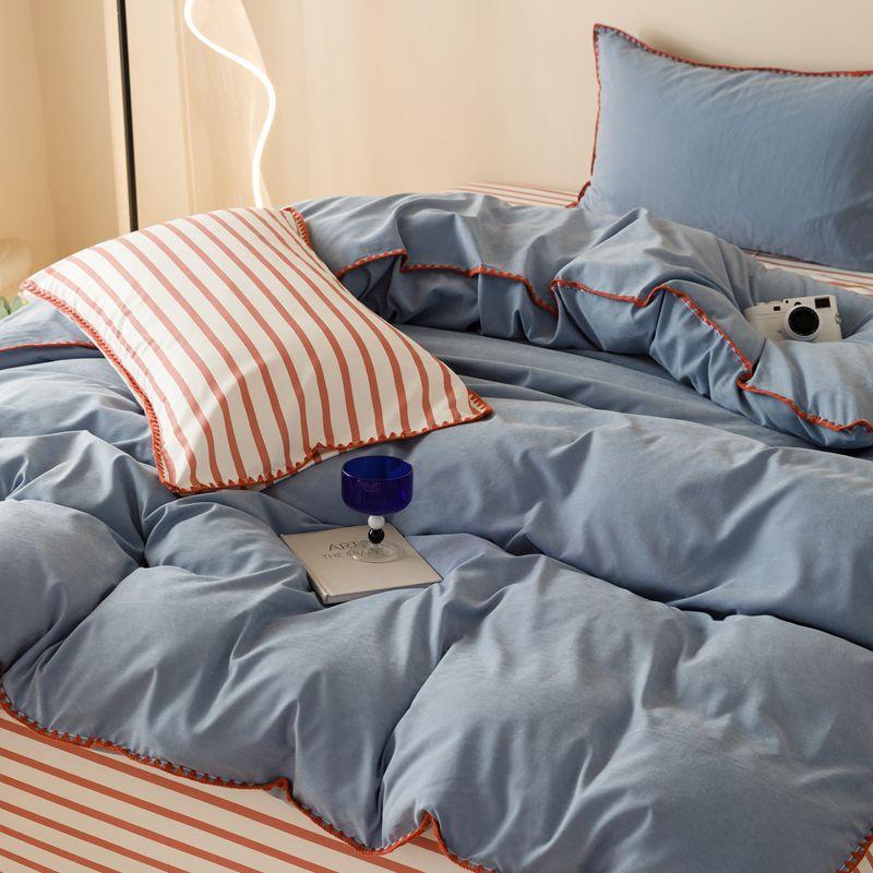 Striped Contrasting Color Student Dormitory Bed Solid Color Four Piece Set