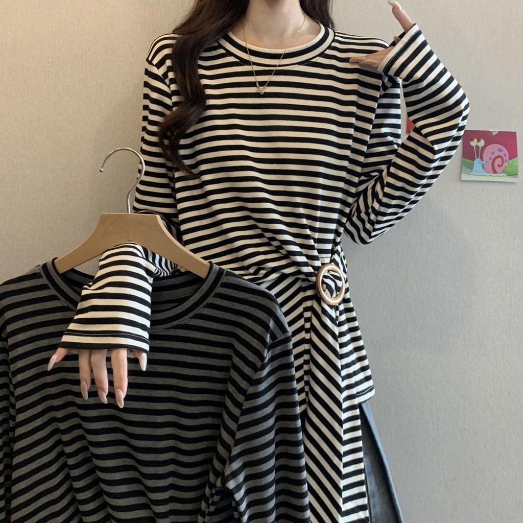 Women's Plus Size Striped Slim Fit Long Sleeve T-shirt: Waist-Cinching, Thinning Design for Spring/Fall.