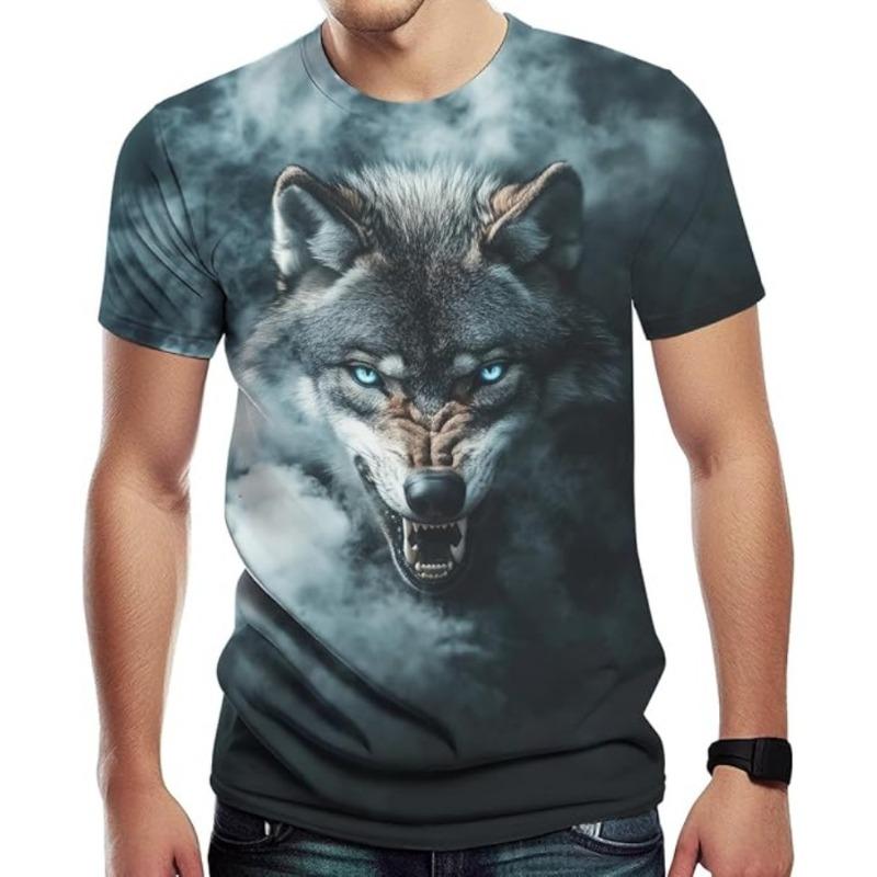 Men's Casual Wolf Pattern T-shirt 3D Printed T-shirt Short Sleeved Street Fashion T-shirt Men's Plus Size Top 6XL