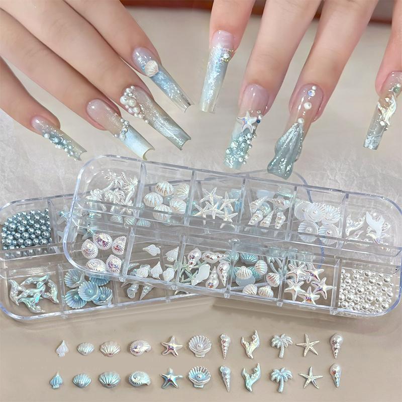 12 Grids/Box Blue White Nail Charm Shell Starfish Mermaid Tail 3d Nail Art Accessories For A Dreamy And Oceanic Manicure Look
