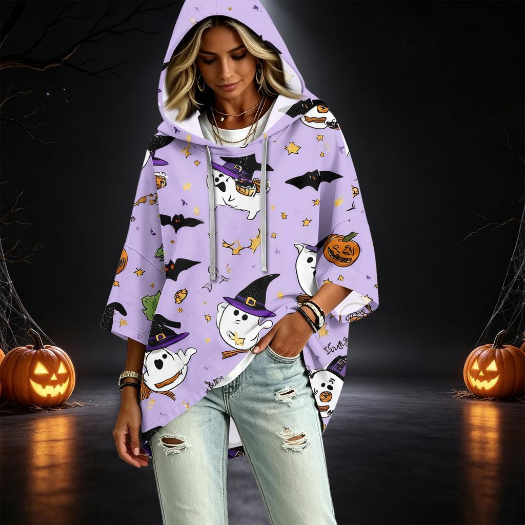 Women's 3/4 Sleeve Hooded Pullover Top with Halloween Print