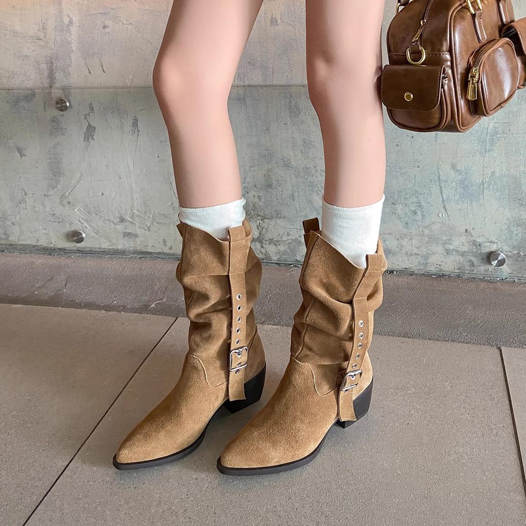 [Spot~~] 2025 new retro medium tube stacking boots western cowboy boots thin boots pointed thick heel short boots