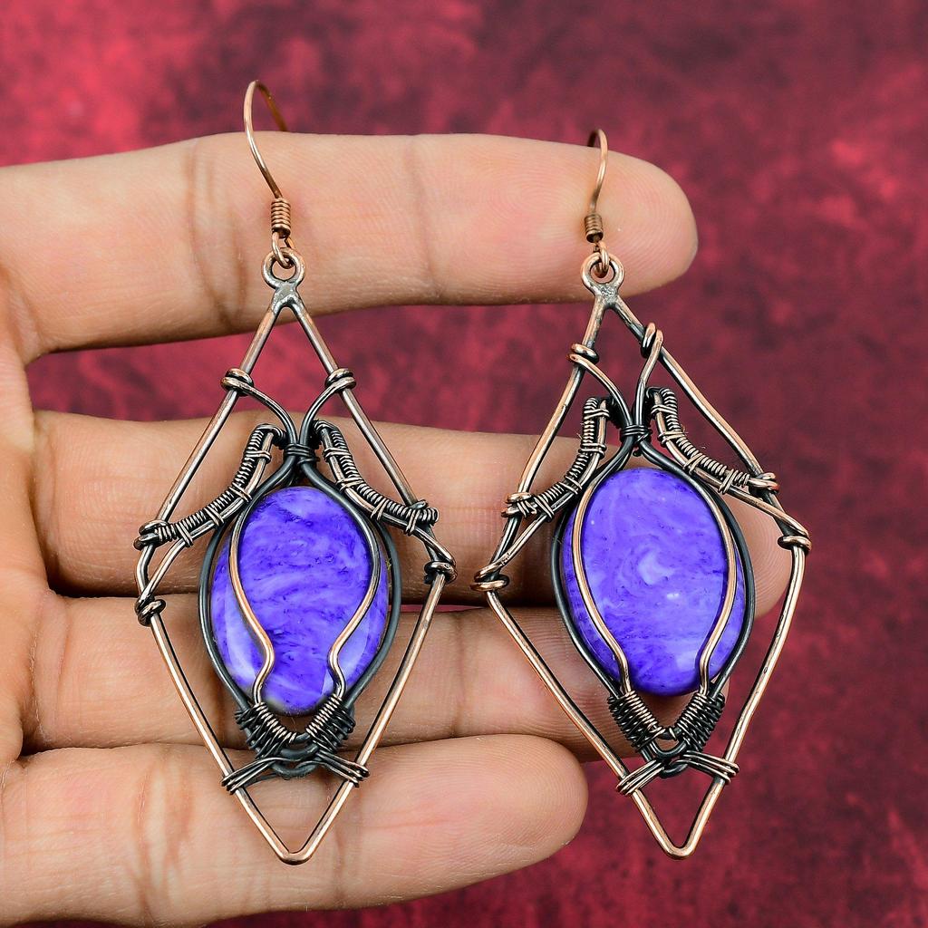 Charoite Earring Copper Wire Wrapped Earrings Handmade Drop Earring Copper Jewelry Gemstone Earring Anniversary Gifts Wire Wrapped Jewelry