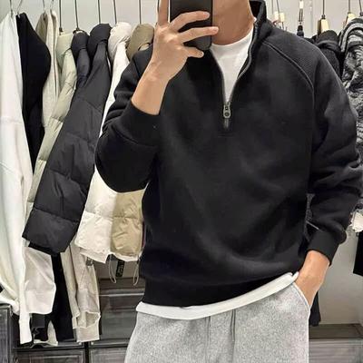 Autumn and Winter Long-sleeved T-shirt Men's Loose Japanese Top Pullover Bottoming Shirt Stand Collar Half Zipper Casual Fashion Sweatshirt