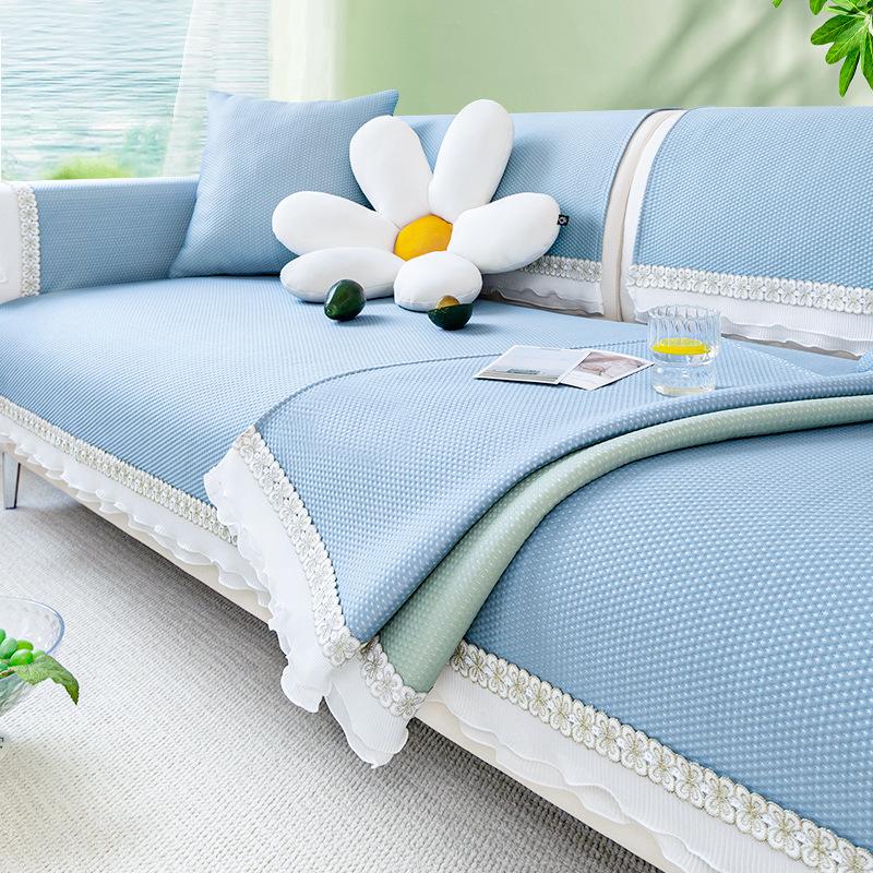 Summer Cooling Couch Cushion White Side AntiSlip Sofa Cover for Living Room Summer Breathable Ice Silk Lace Solid Color Sofa Mat