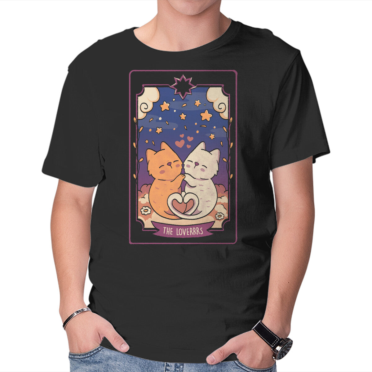 Unisex Crew Neck T-Shirt The Lovers Cat Tarot Graphic Short Sleeve Casual Tee M