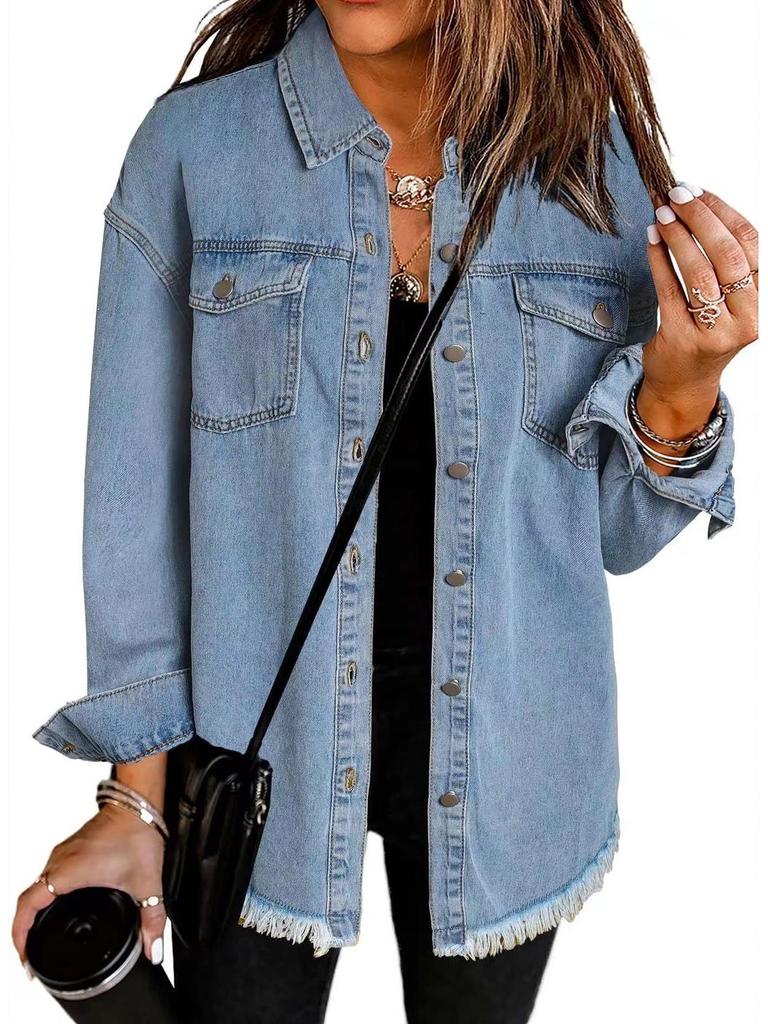 Women's Frayed Hem Denim Shirt Jacket - European & American Street Style for Autumn/Winter.