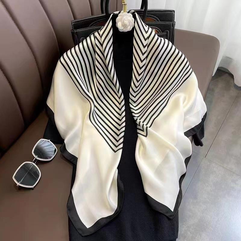 100% mulberry silk 90 silk satin striped square scarf women s spring summer thin neck scarf high-end silk scarf Standard