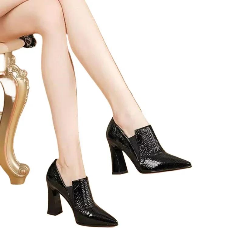 

мода осень новый острый носок высокий каблук для женщин мода плюс размер толстый каблук женские туфли без застежек на каблуке платье офисные женские туфли-лодочки 42 чёрный