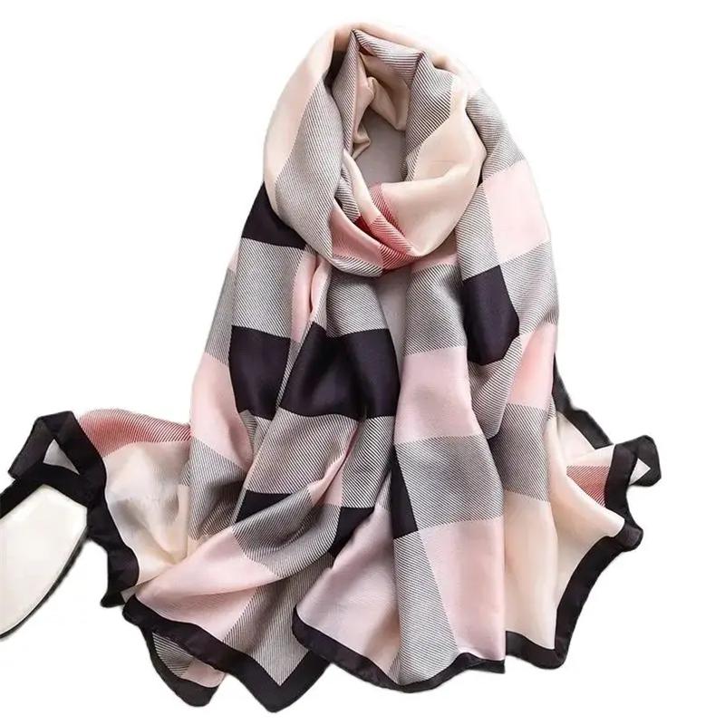 Designer Women Silk Scarf Luxury Plaid Long Satin Scarves Beach Pareo Stole Foulard Femme Bandana Hijab Lady Shawls Wraps