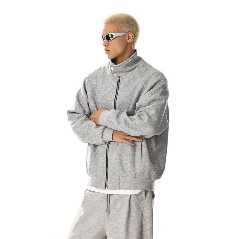 American vintage High Street Zip-up Stand Collar Cardigan Outerwear Men's and Women's Simple Commuter All-Match Loose Sports Hoodie Top