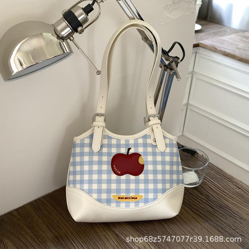 Cute Apple Plaid Large Bag for Women, 2025 Summer New Fashionable Foreign Large-capacity Shoulder Tote Bag